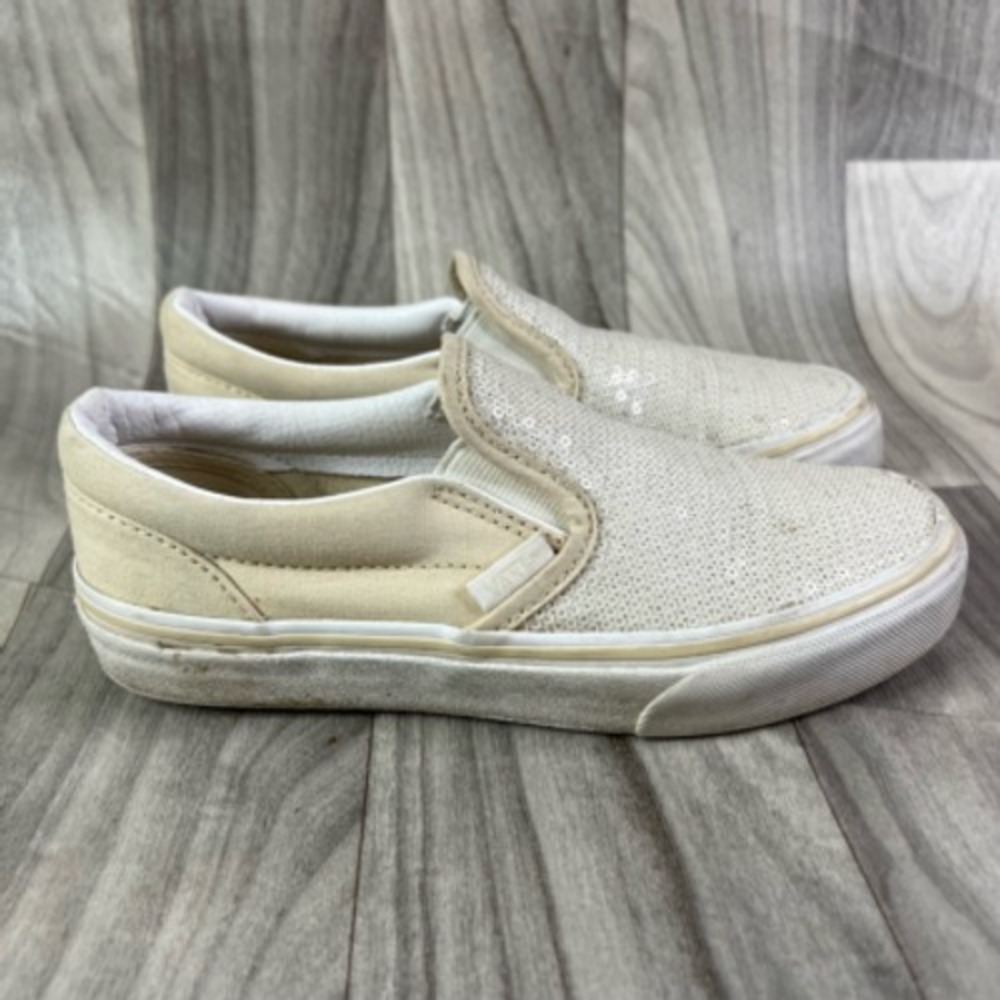 Vans Girls Skate Sneaker Casual Canvas Beige Sequins Slip On Round Toe 2.5M